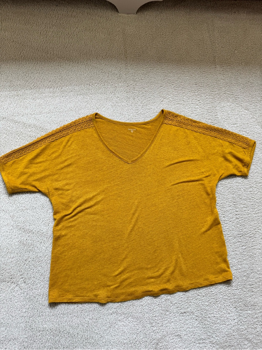 Garnet Hill Golden Mustard V-Neck Top with Lace-Trimmed Shoulders